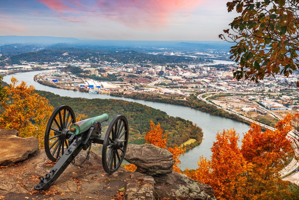 View of downtown Chattanooga and the Tennessee River from Point Park on Lookout Mountain