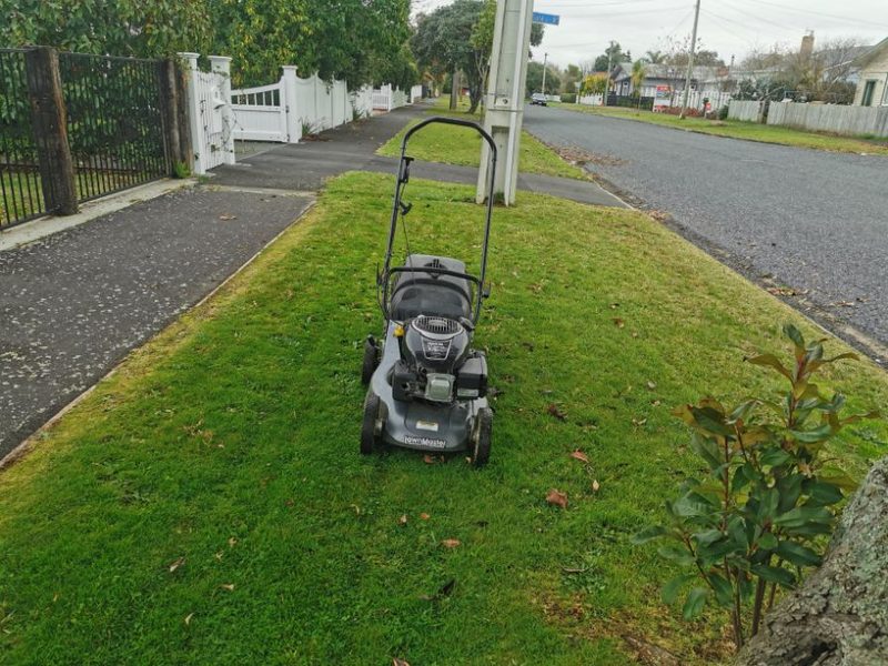 Mower on a tree-lined street verge beside a picket fence
