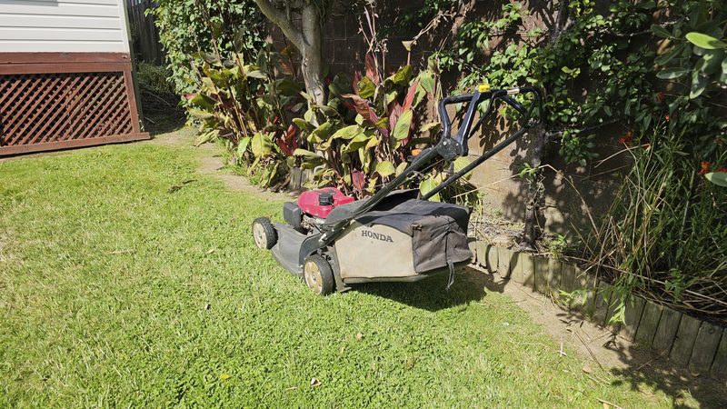 Mower beside a garden bed along a fence line