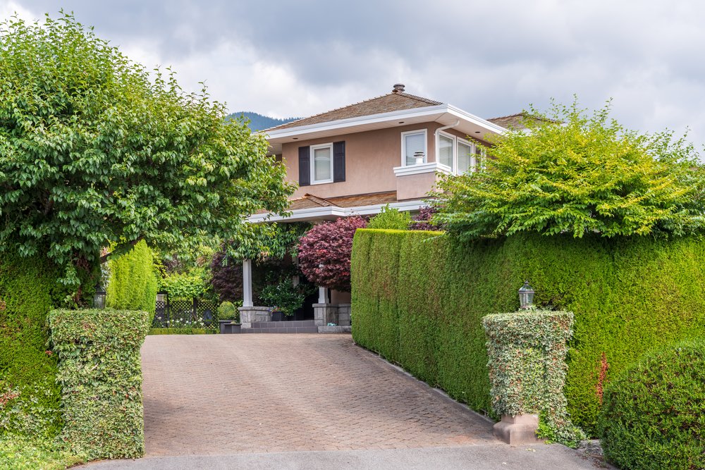 Well-manicured hedges lining a driveway leading to a home